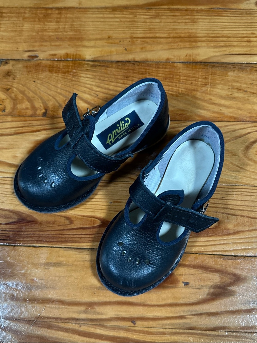Vintage Amilio Little Girl Dark Navy Crepe Sole T Strap Mary Jane Dress Shoes